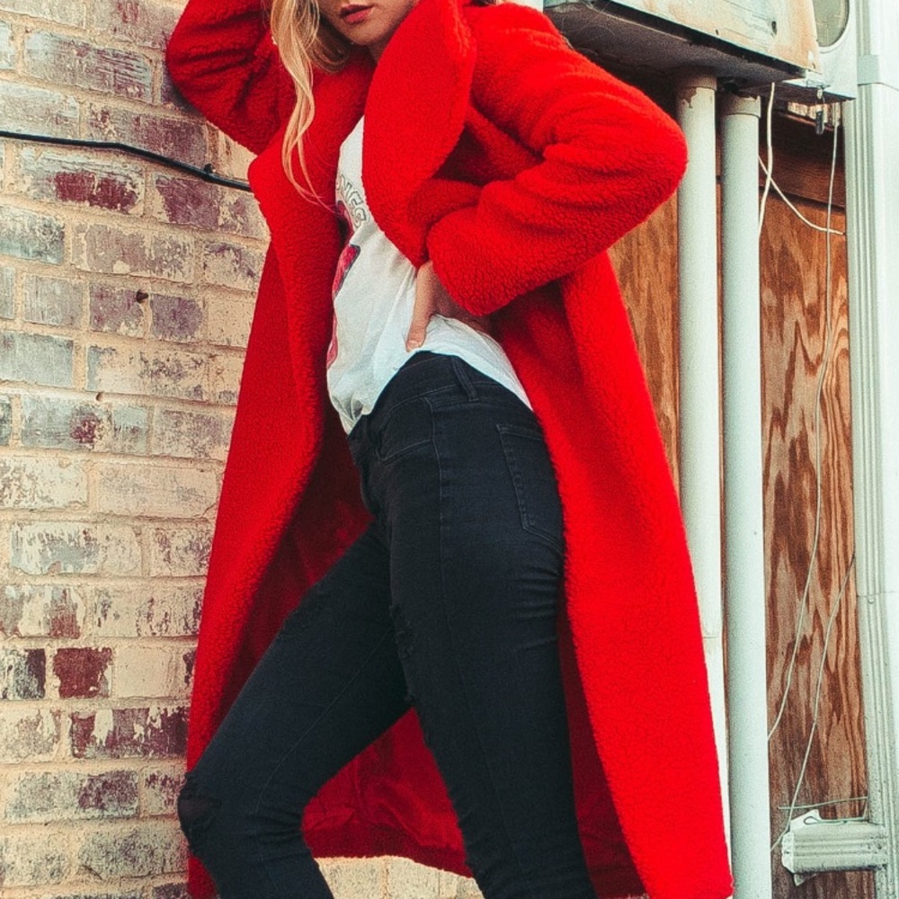 MISSGUIDED WATERFALL TEDDY COAT RED